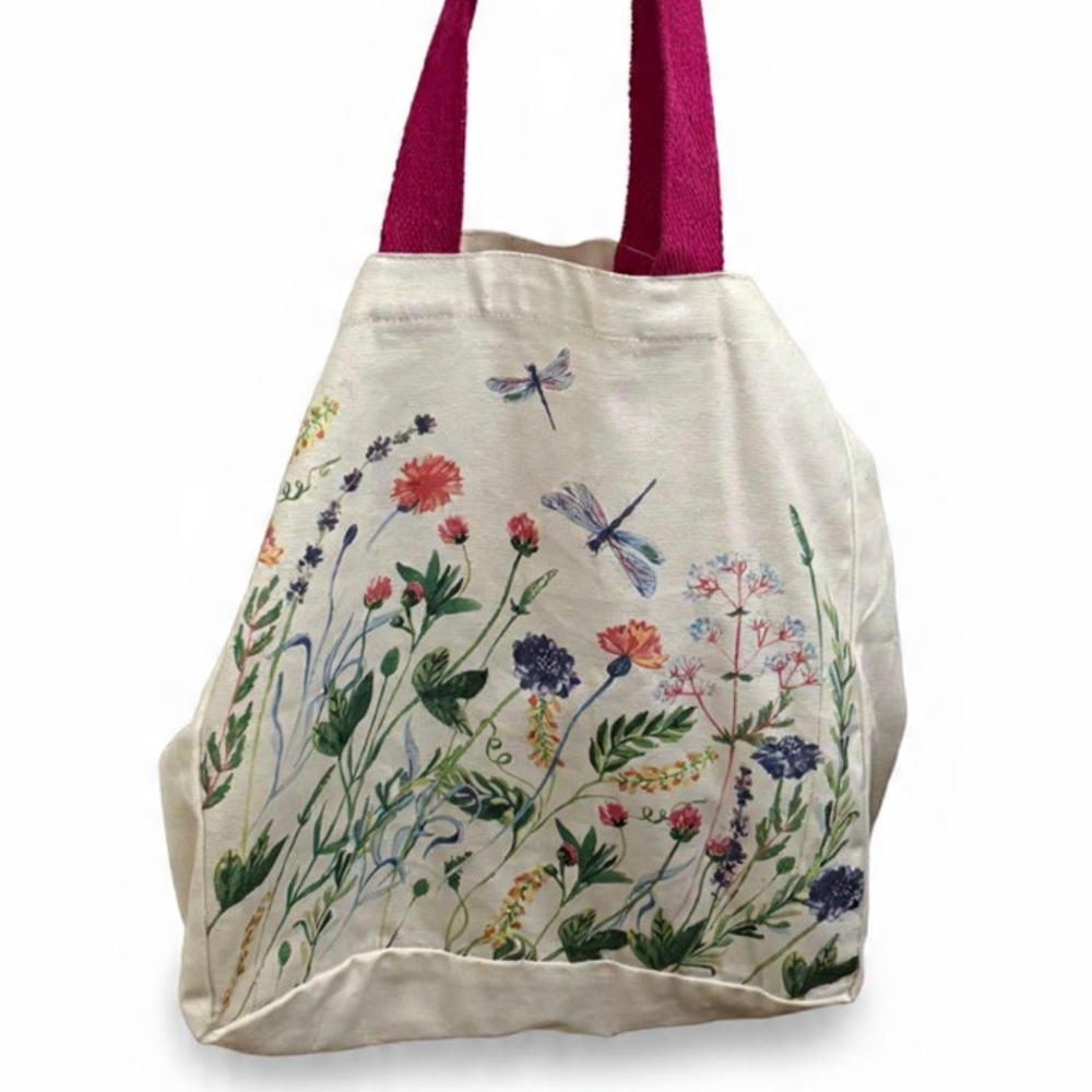 Shabby Chic Floral Canvas Reusable Tote Bag with Hot Pink Handles
